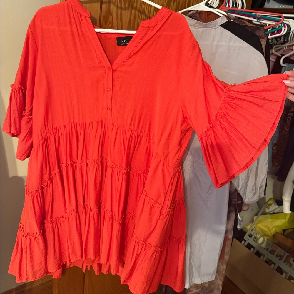 Vici Scarlet Tiered Tunic with Flared Sleeves